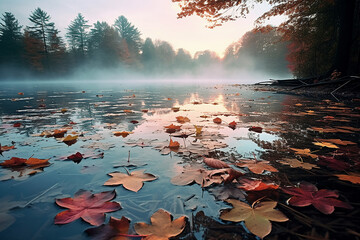fallen leaves on a calm lake / Generative AI