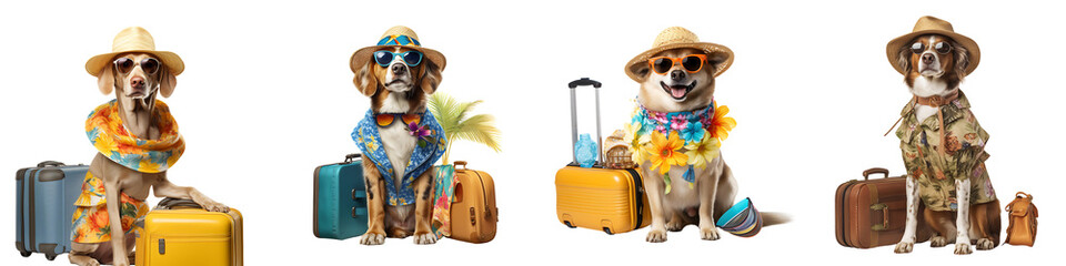 A set of dog dressed for summer travel isolated on a transparent background PNG