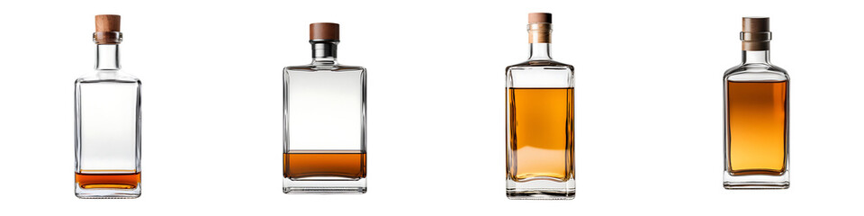 A set of mock-up beautiful liquor bottles without a label  isolated on a transparent background PNG