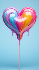 Heart shaped rainbow lollipop is melting on a light blue background. Minimal love and women's day background	