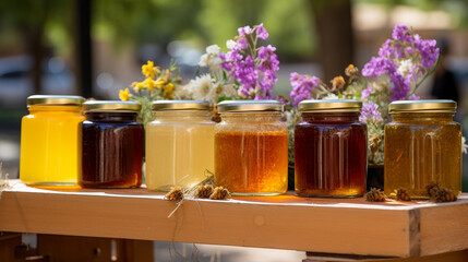 different types of honey in jars against the background of nature. - obrazy, fototapety, plakaty