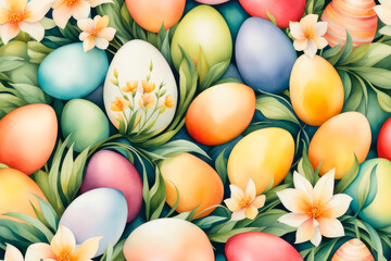 Fototapeta na wymiar Cute watercolor Easter eggs with flowers seamless pattern.