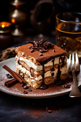 A close-up of a portion of the exquisite Italian tiramisu dessert, topped with a sprig of mint