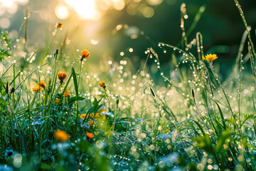 grass field with flowers and dew