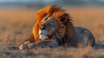 Lion couché dans la savane paisiblement.