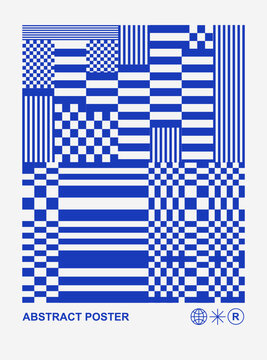 Y2k blue trendy print. Glitch effects, Op-art illusion. Retro cyber minimal geometric background. Neo brutalism, Neon, Blue grid. Brutal Vaporwave style, Cyberpunk, modern graphic design. QR Barcode 