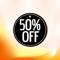 50% off black circular tag with orange gradient background for promotions and sales
