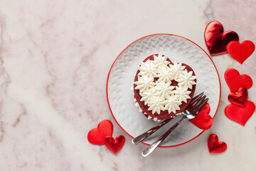 Red velvet bento cake with whipped cream for Valentine's day or Wedding Day. Top view