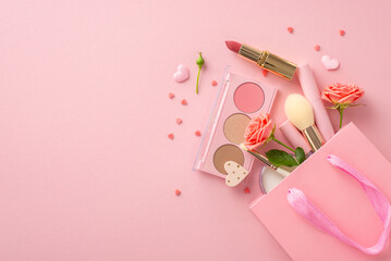 Express your love with perfect gifts! Top view of paper bag loaded with presents: lipstick,...