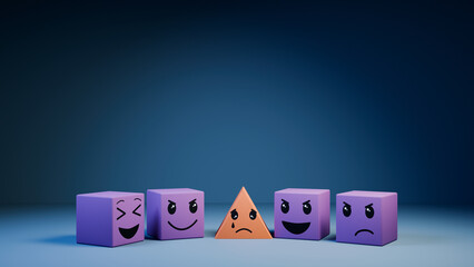 Mocking cubes of a triangle, reflection of emotional interactions and little empathy, on a blue background, 3D illustration.