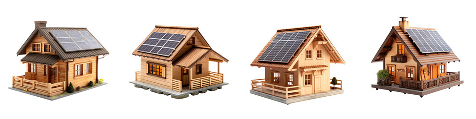 A set of  Wooden house with solar panels on the roof isolated on a transparent background PNG