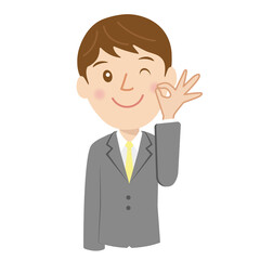 スーツを着た就活生、新入社員、OKサイン、男性、表情