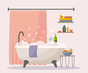 Naklejka premium Stylish bathroom in flat vector style. Accessories: shampoo, shower gel, soap, shelf, stool, vase, towel. Romance with your loved one.