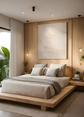 Small apartment in Bali with low ceiling, white gemstone and light wood interior view of a gorgeous king size bed with headboard.