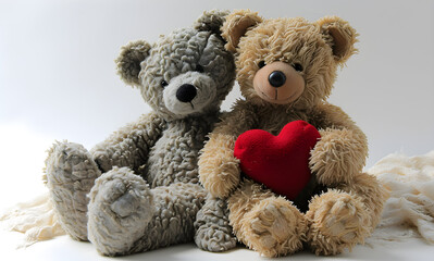 Two cute teddy bears holding a heart on a white background, File with a white background,
