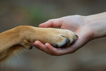 Hand of woman holding dog's paw: woman's hand - obrazy, fototapety, plakaty