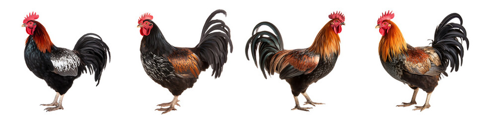 A set of bantam breed in Thailand chicken isolated on a transparent background PNG - obrazy, fototapety, plakaty