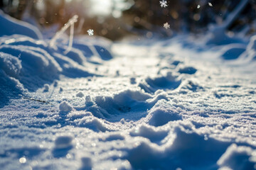 Fototapeta na wymiar snow texture with flakes and footprints
