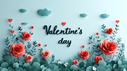 Les mots " Valentine's day" écrit contre un mur bleu avec des roses 