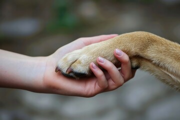 Hand of woman holding dog's paw: woman's hand