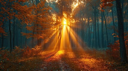 Sunset in the forest, sunlight breaks through the trees of the autumn forest