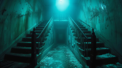 Mysterious Abandoned Mansion Staircase Shrouded in Dust and Darkness at Twilight. The twilight casts eerie shadows over the dilapidated staircase of an abandoned mansion. Creepy Horror Backgrounds. 