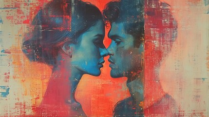 Une femme et un homme  qui vont s'embrasser avec style vintage affiche
