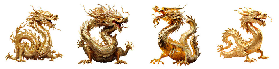 Fototapeta premium A set of Chinese golden dragon isolated on a transparent background PNG