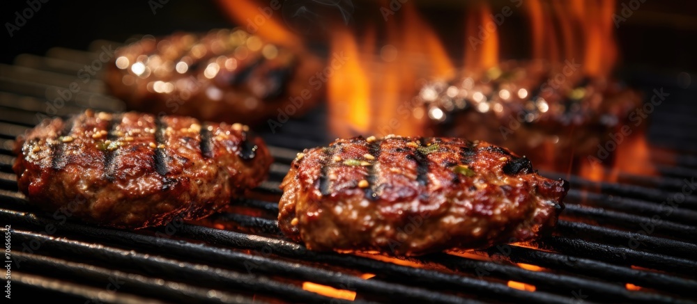 Canvas Prints cooking delicious beef patties on a sizzling bbq.