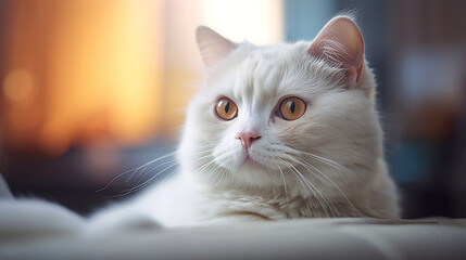 Close-up portrait of white adorable cat, lying in room, looking away