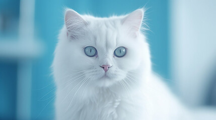 Portrait of cute white fluffy cat with blue eyes on blue background, looking at camera, close-up