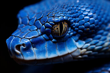 Fototapeta premium cobra snake, closeup face of blue viper snake, black background