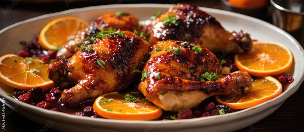 Wall mural chicken legs cooked with citrus, spices, berries, and wine sauce.