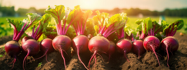 Fresh beetroot grows in the ground.nature