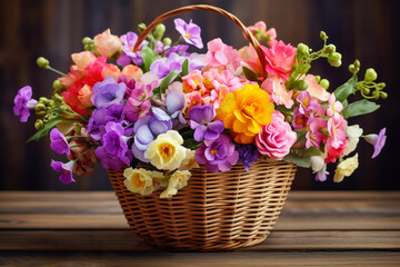 Fototapeta na wymiar basket full of pansies flowers on a wooden background