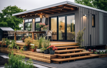 Modern tiny home exterior with lush potted plants and wooden deck