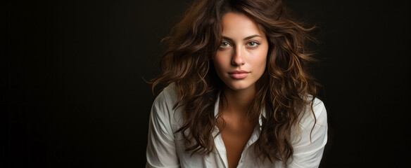 Naklejka premium Portrait of a beautiful young woman in a white shirt on a black background