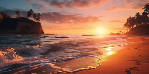 Majestic sunset over rocky beach cliffs