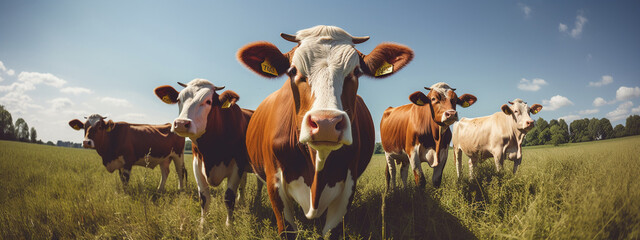 A herd of cows on a summer green field. One is looking at the camera.