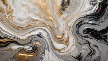 Abstract fluid art background blac, white ,silver and gold colors. Liquid marble. Acrylic painting...
