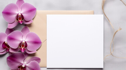 Greeting Cards mockup, empty white blanks, envelopes and magenta orchid flower on smooth grey...