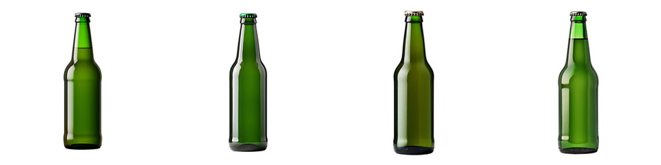 A set of mock up green beer bottle without label isolated on a transparent background PNG - obrazy, fototapety, plakaty