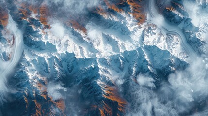Satellite view of a snowy mountain, top view of winter mountain peaks