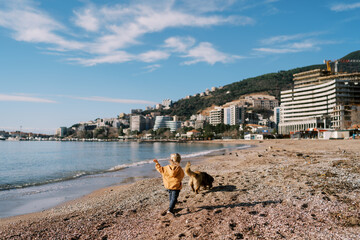 Little girl walks with a big dog along the seashore. Back view