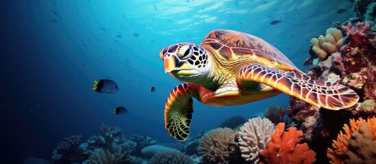 Fototapeta na wymiar Hawksbill sea turtle resting on Indonesian coral reef.