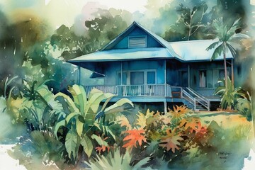 Watercolor illustration of a serene blue bungalow nestled in a lush tropical garden. Generative AI