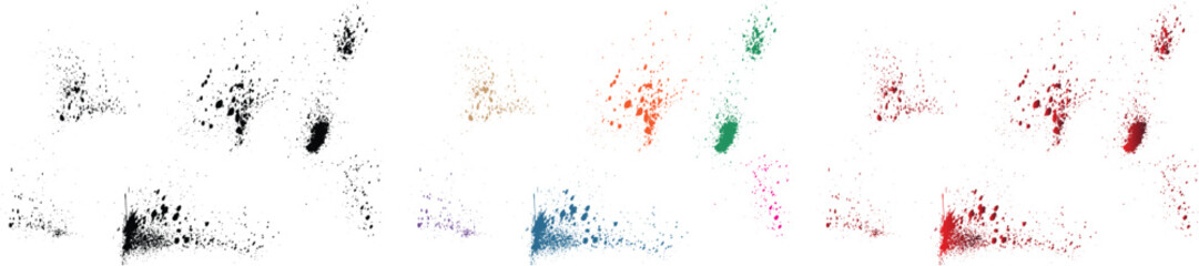 Collection of ink blot black, red, orange, purple, wheat, green color blood grunge paint ink dirty brush stroke background