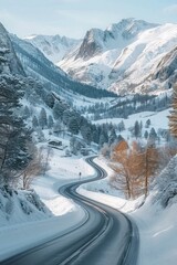 Fototapeta na wymiar Beautiful mountain winter landscape, winding road in the mountains