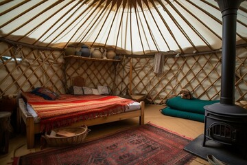 a wild campsite with a roomy yurt adorned with comfortable textiles and cushions. Generative AI - obrazy, fototapety, plakaty