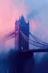 A fantastic Victorian bridge in pink and blue tones, a landmark in the fog